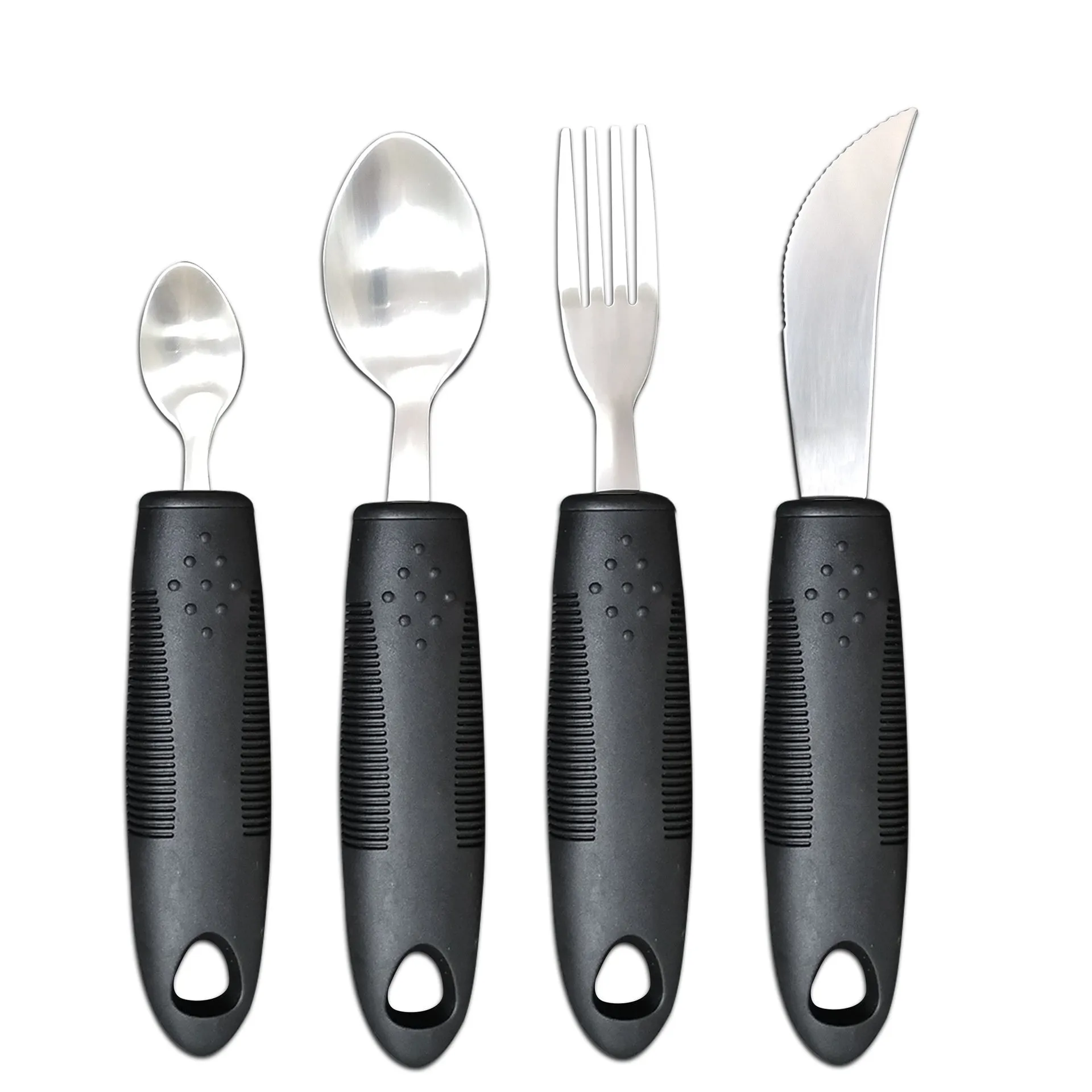 Stainless steel adaptive cutlery set with black rubber handles, showing knife, fork, and spoon.