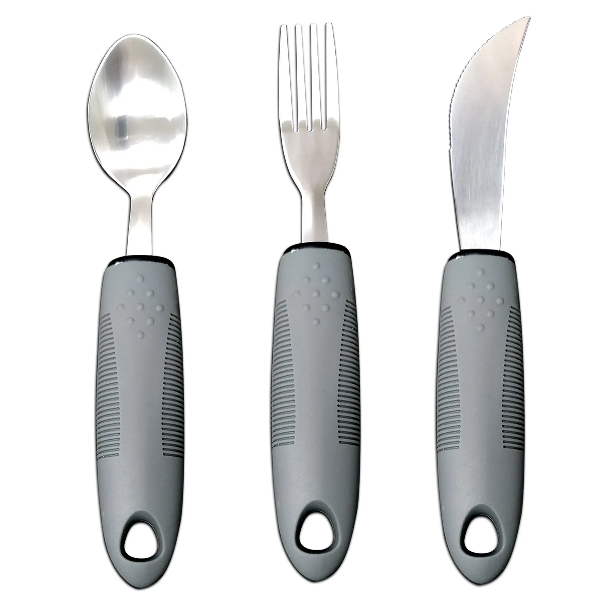 Stainless steel adaptive cutlery set with black rubber handles, showing knife, fork, and spoon.