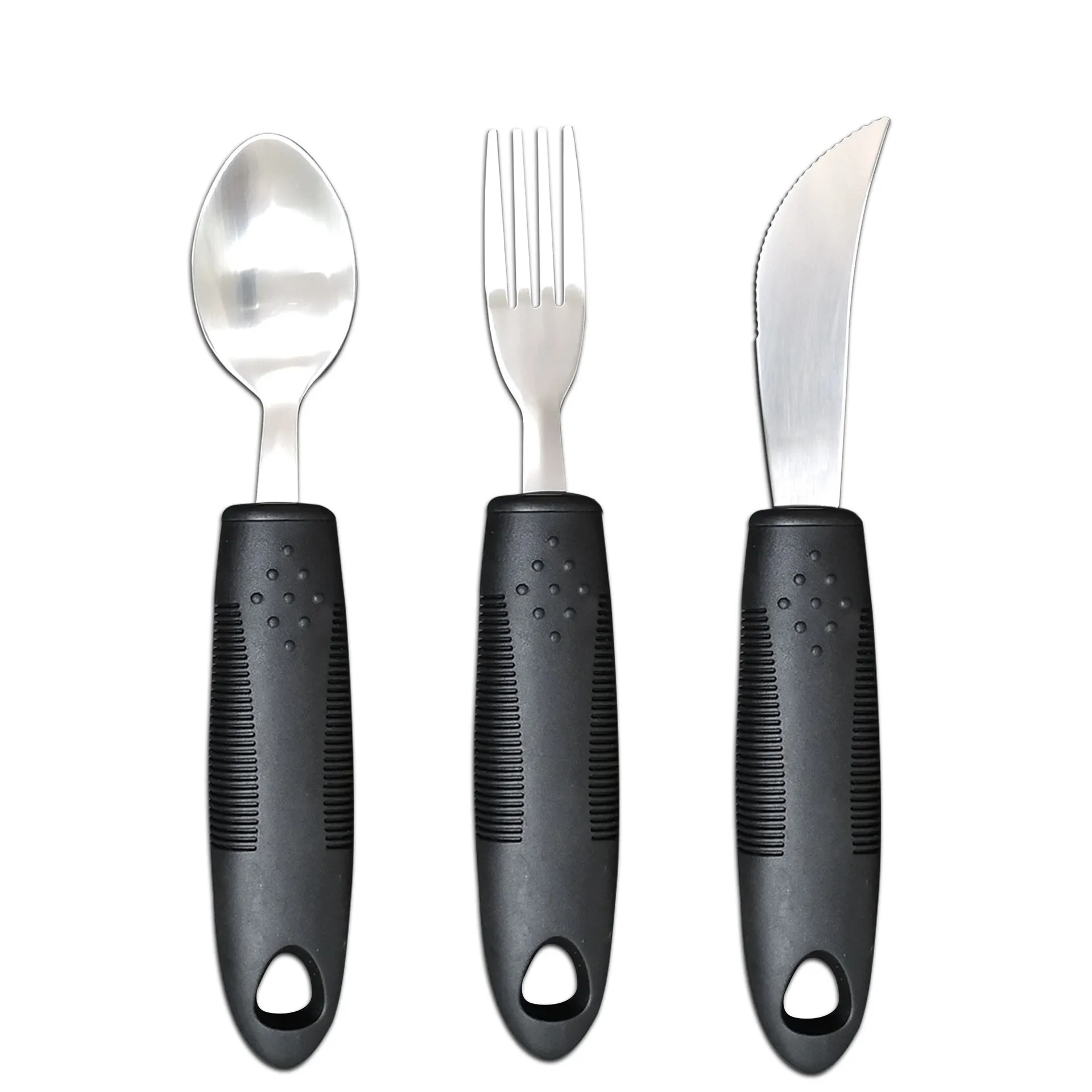 Stainless steel adaptive cutlery set with black rubber handles, showing knife, fork, and spoon.