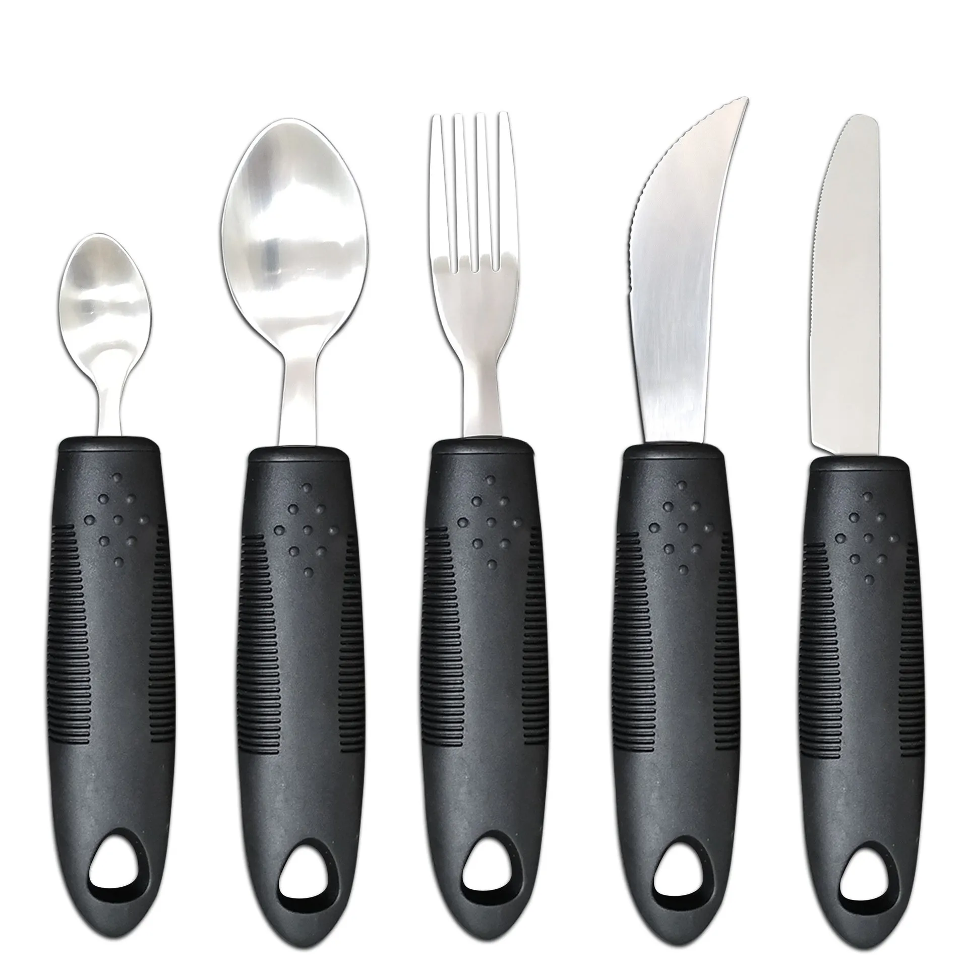 Stainless steel adaptive cutlery set with black rubber handles, showing knife, fork, and spoon.