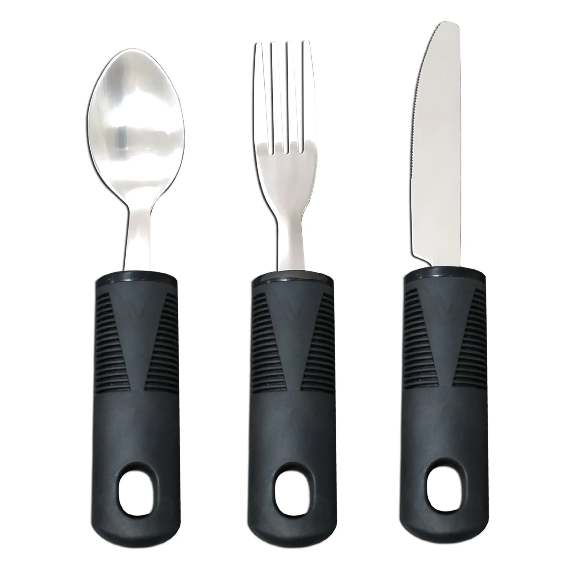 Stainless steel adaptive cutlery set with black rubber handles, showing knife, fork, and spoon.
