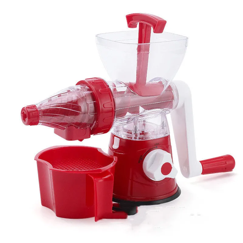 Manual plastic hand-crank juicer in red with lever fruit juice extractor for lemons oranges