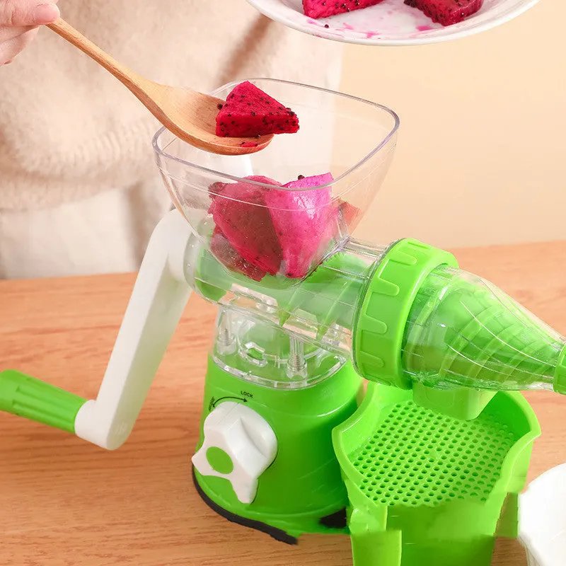 Manual plastic hand-crank juicer in red with lever fruit juice extractor for lemons oranges