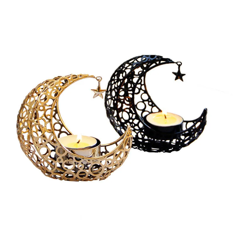 Metal crescent moon candle holder hollow star design black finish 10.5cm set of two