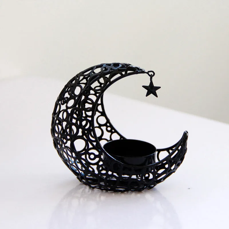 Metal crescent moon candle holder hollow star design black finish 10.5cm set of two