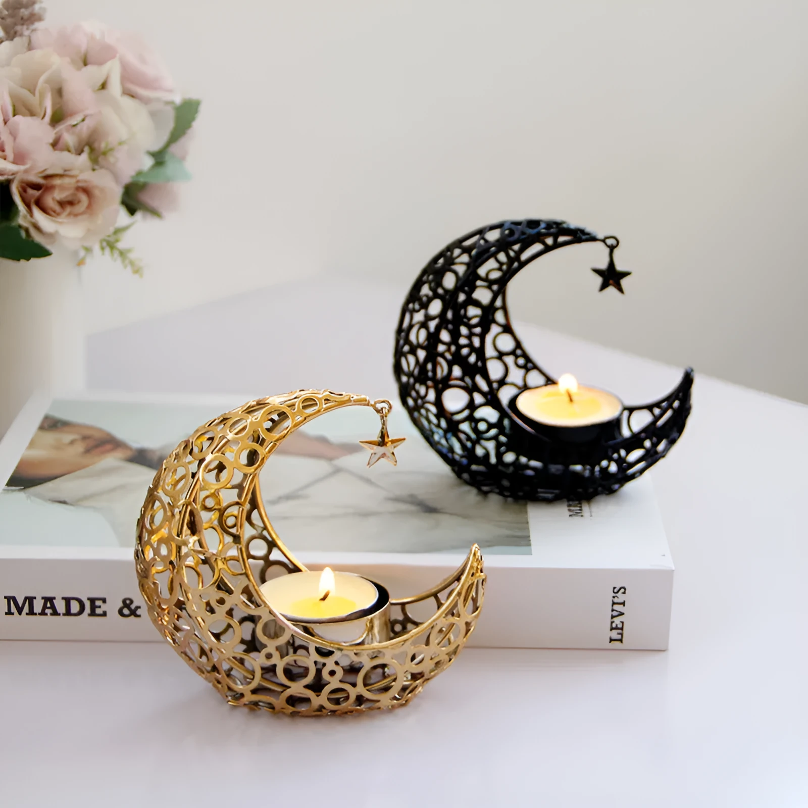 Metal crescent moon candle holder hollow star design black finish 10.5cm set of two