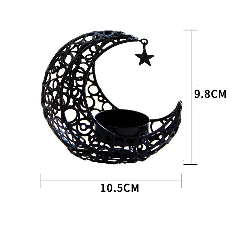 Metal crescent moon candle holder hollow star design black finish 10.5cm set of two