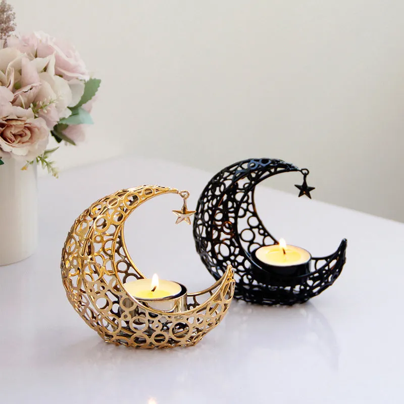 Metal crescent moon candle holder hollow star design black finish 10.5cm set of two