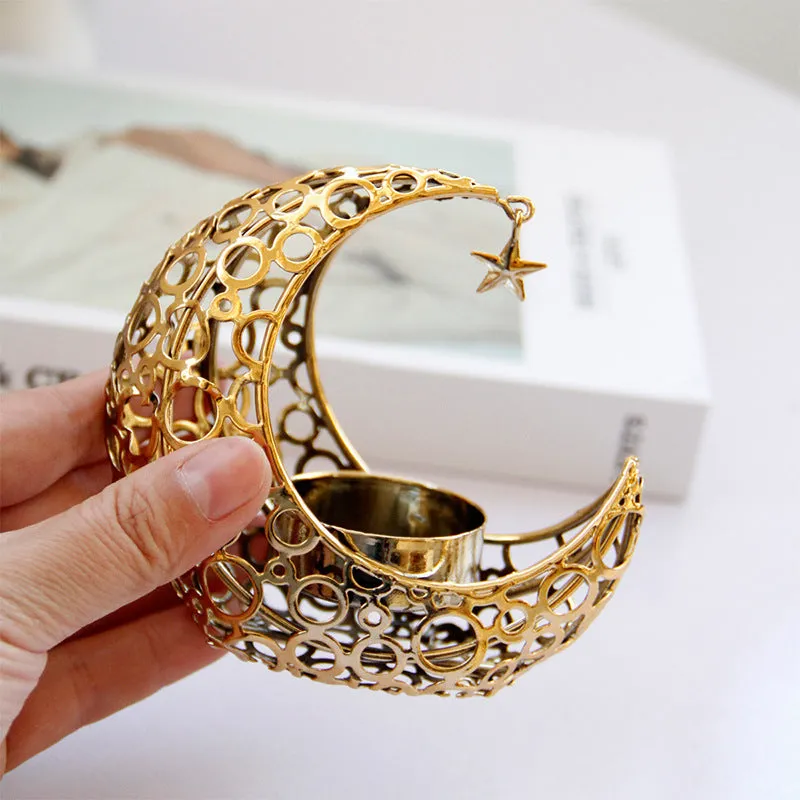 Metal crescent moon candle holder hollow star design black finish 10.5cm set of two