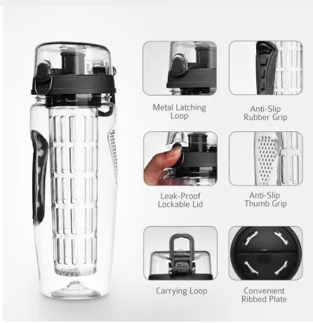 Free fruit infuser shaker bottle 900ml leak-proof portable in black with removable fruit holder