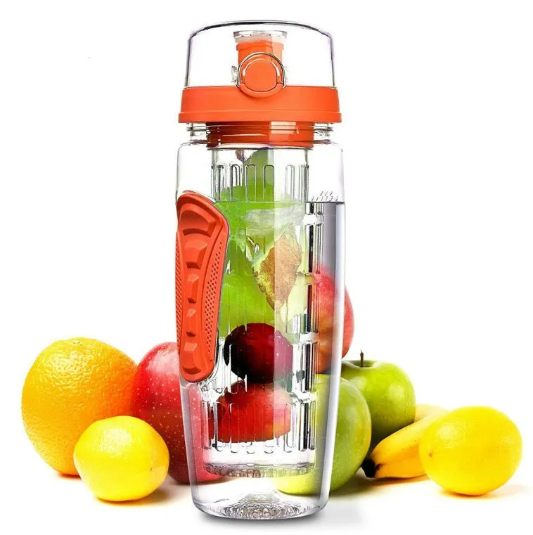 Free fruit infuser shaker bottle 900ml leak-proof portable in black with removable fruit holder