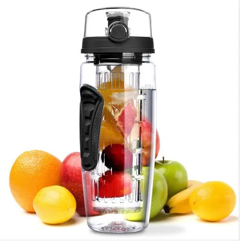 Free fruit infuser shaker bottle 900ml leak-proof portable in black with removable fruit holder