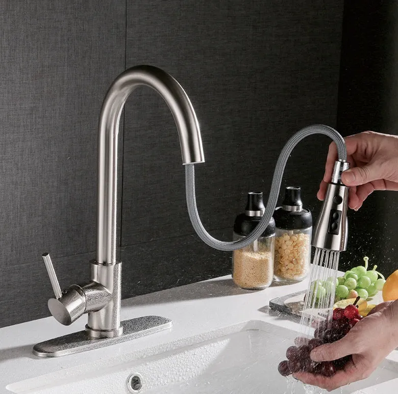 Brushed copper pull-out kitchen faucet with stainless steel body, single handle, and wire-drawn finish