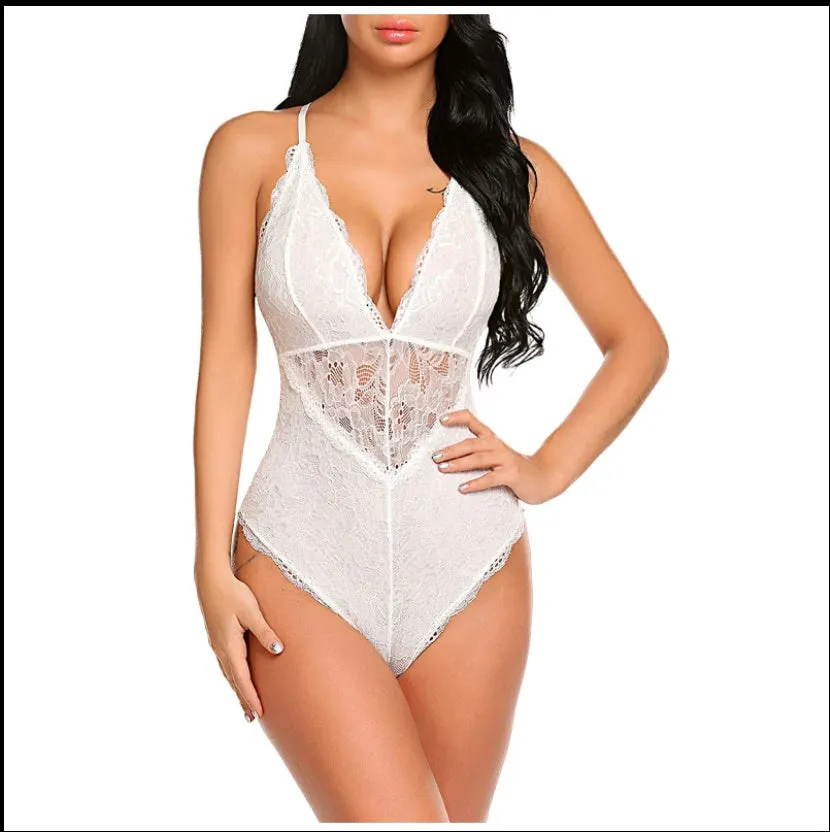 Lace bodysuit one-piece lingerie in red with polyester fibre fabric, available in sizes S to XXL