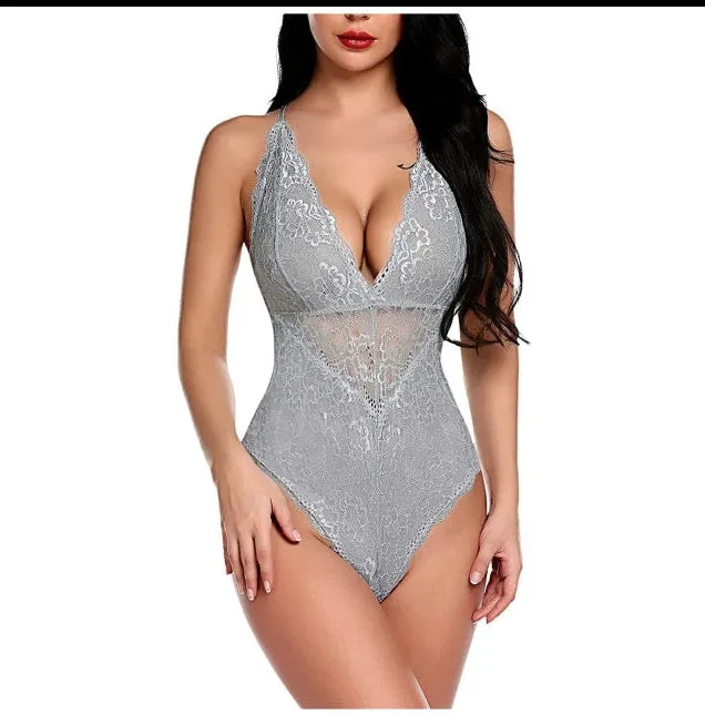 Lace bodysuit one-piece lingerie in red with polyester fibre fabric, available in sizes S to XXL