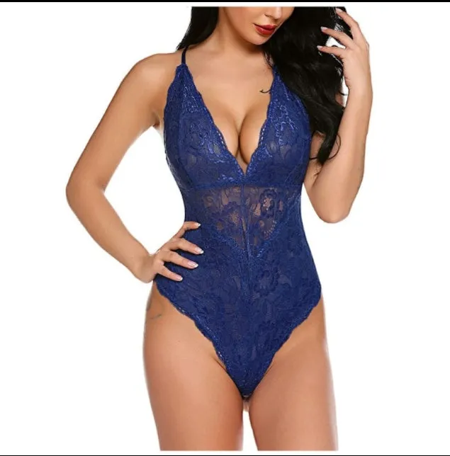 Lace bodysuit one-piece lingerie in red with polyester fibre fabric, available in sizes S to XXL