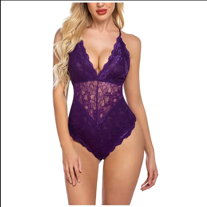 Lace bodysuit one-piece lingerie in red with polyester fibre fabric, available in sizes S to XXL