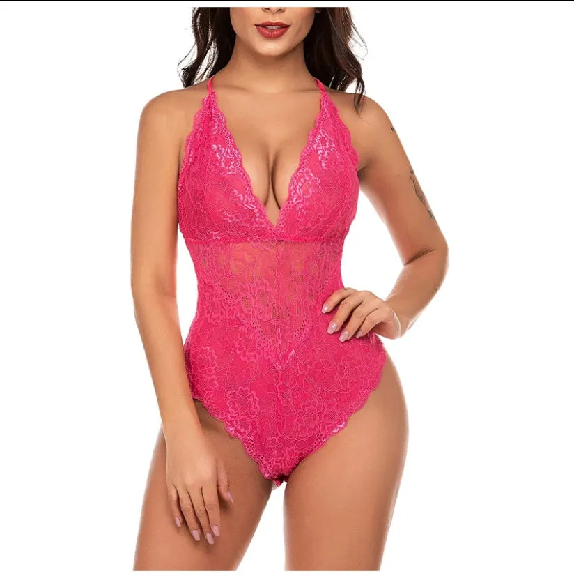 Lace bodysuit one-piece lingerie in red with polyester fibre fabric, available in sizes S to XXL