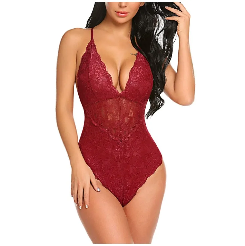 Lace bodysuit one-piece lingerie in red with polyester fibre fabric, available in sizes S to XXL