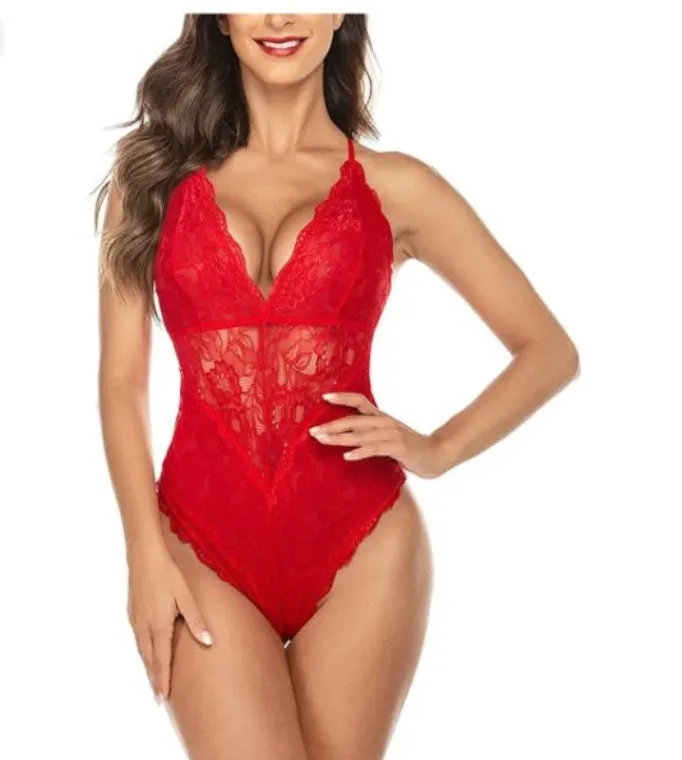Lace bodysuit one-piece lingerie in red with polyester fibre fabric, available in sizes S to XXL