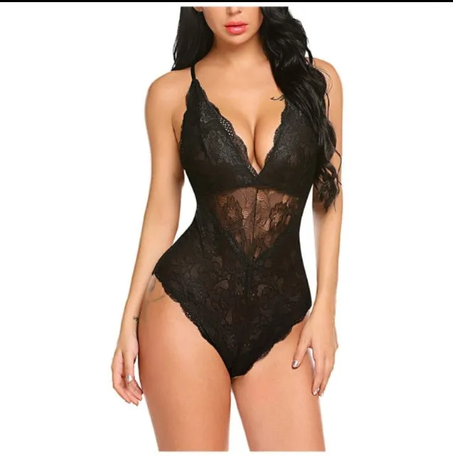 Lace bodysuit one-piece lingerie in red with polyester fibre fabric, available in sizes S to XXL