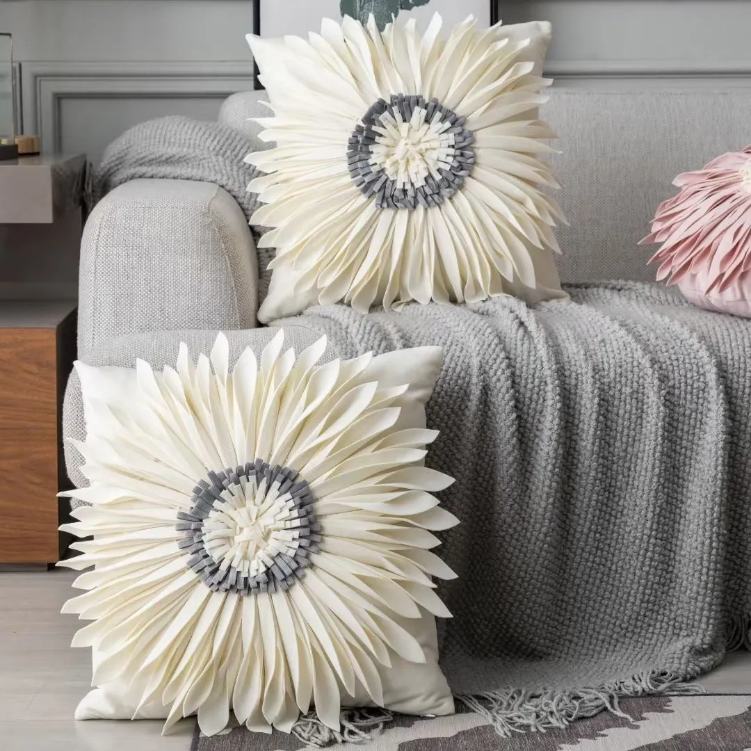 Blue velvet cushion cover with tufted chrysanthemum pattern, 45x45cm, fringed hem