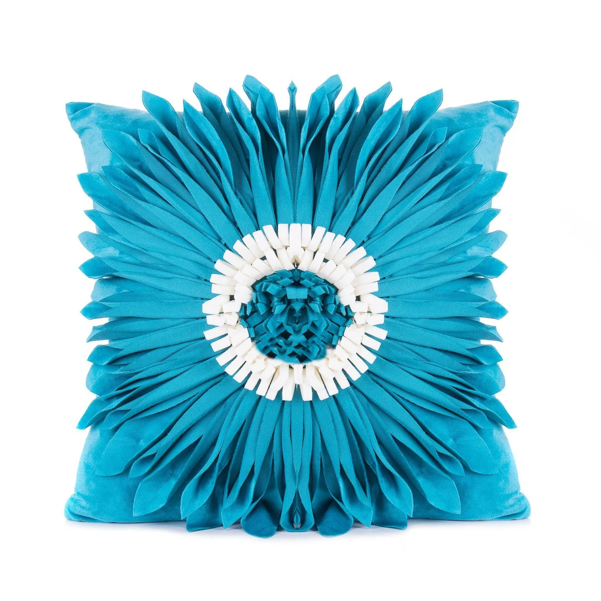Blue velvet cushion cover with tufted chrysanthemum pattern, 45x45cm, fringed hem