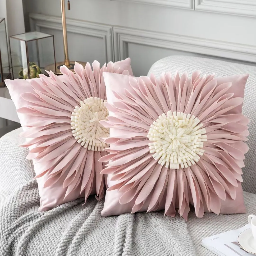 Blue velvet cushion cover with tufted chrysanthemum pattern, 45x45cm, fringed hem