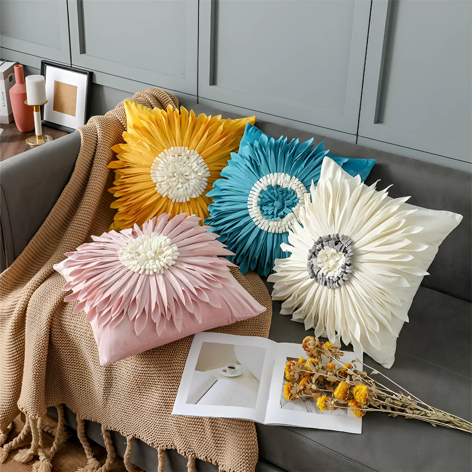 Blue velvet cushion cover with tufted chrysanthemum pattern, 45x45cm, fringed hem