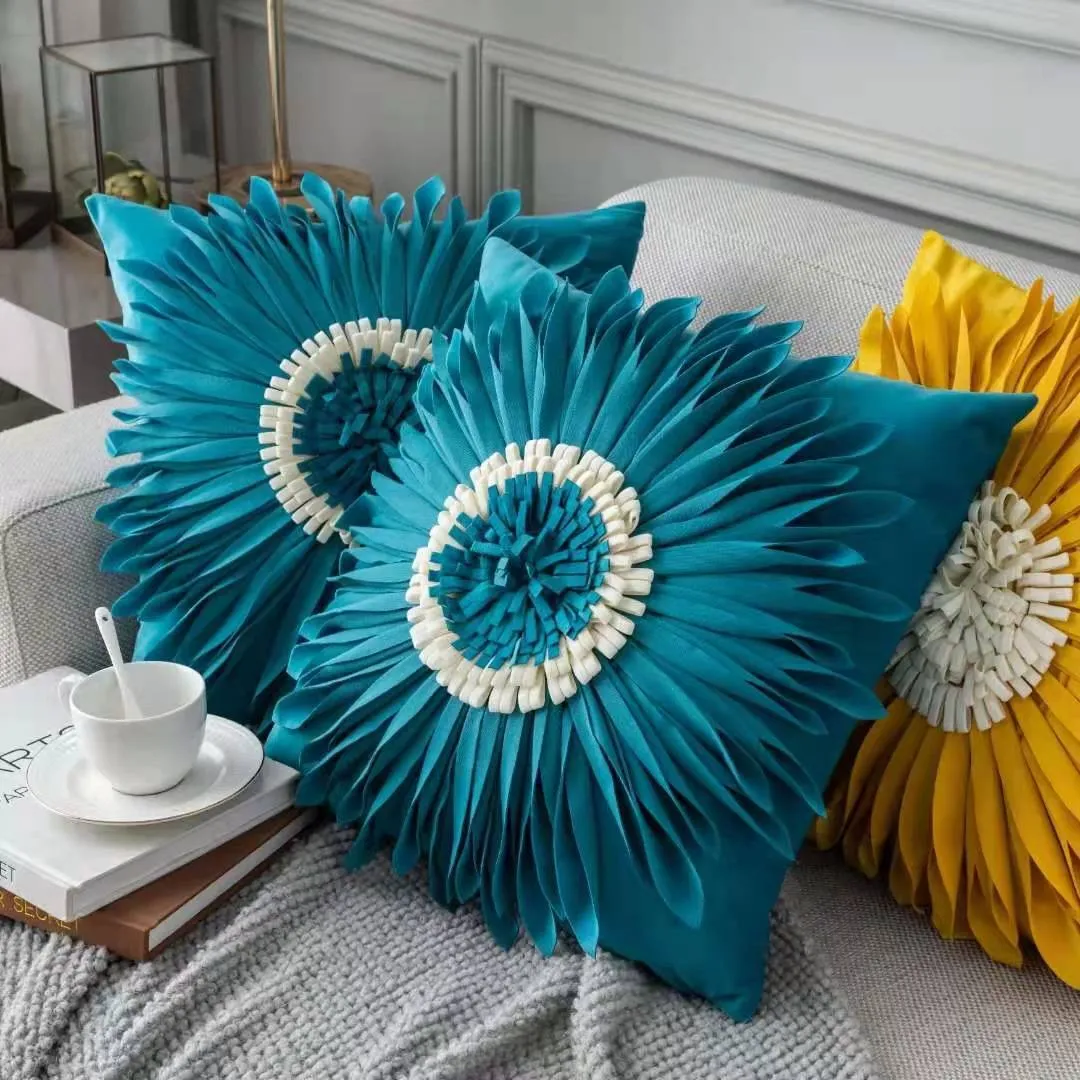 Blue velvet cushion cover with tufted chrysanthemum pattern, 45x45cm, fringed hem