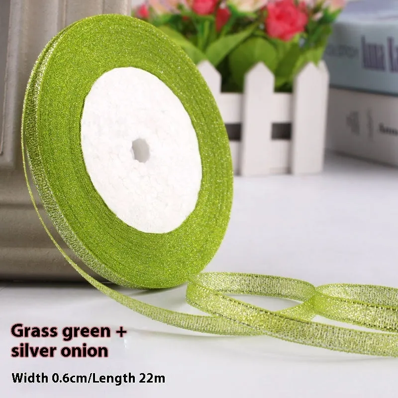 Roll of narrow 0.6cm wide polyester gift ribbon in a multicolour pattern.