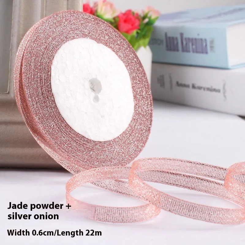 Roll of narrow 0.6cm wide polyester gift ribbon in a multicolour pattern.