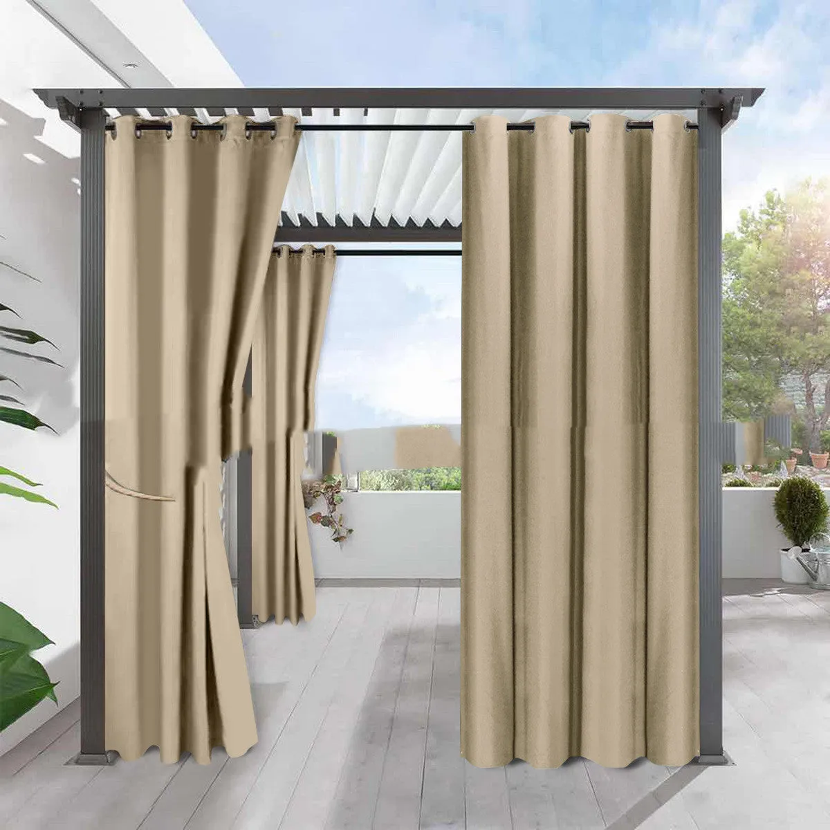 Full blackout solid colour curtain with perforated eyelets in beige, polyester fabric, 134cm width