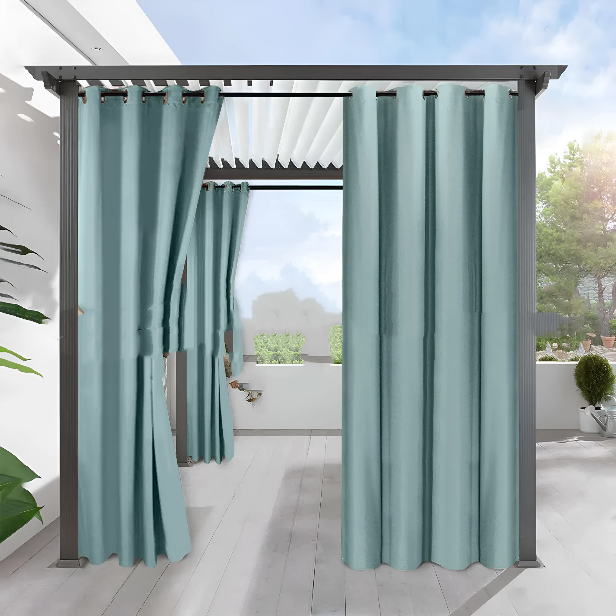 Full blackout solid colour curtain with perforated eyelets in beige, polyester fabric, 134cm width