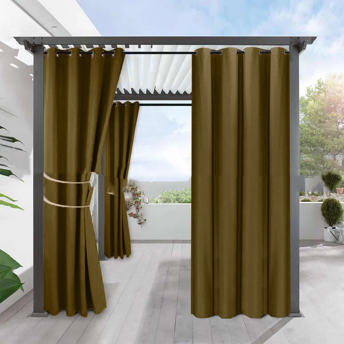 Full blackout solid colour curtain with perforated eyelets in beige, polyester fabric, 134cm width