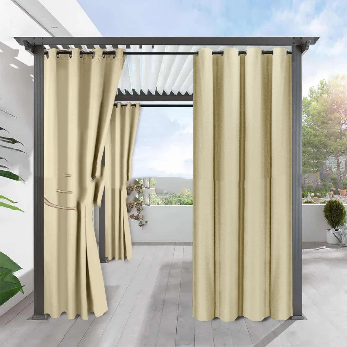 Full blackout solid colour curtain with perforated eyelets in beige, polyester fabric, 134cm width