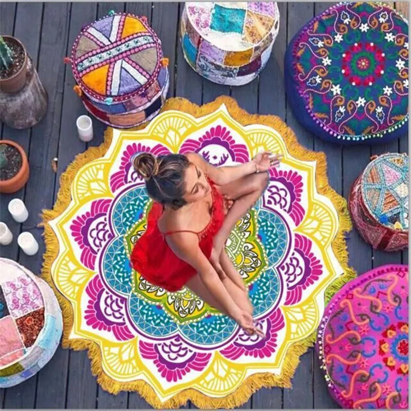Round tassel edge yoga mat with retro ethnic print, 150cm diameter, available in Blue colour