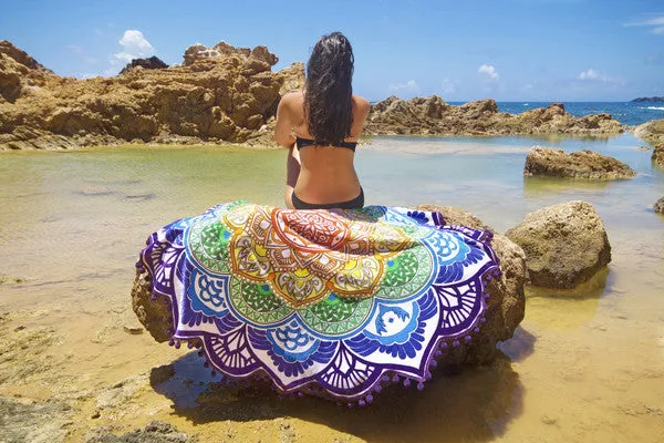 Round tassel edge yoga mat with retro ethnic print, 150cm diameter, available in Blue colour
