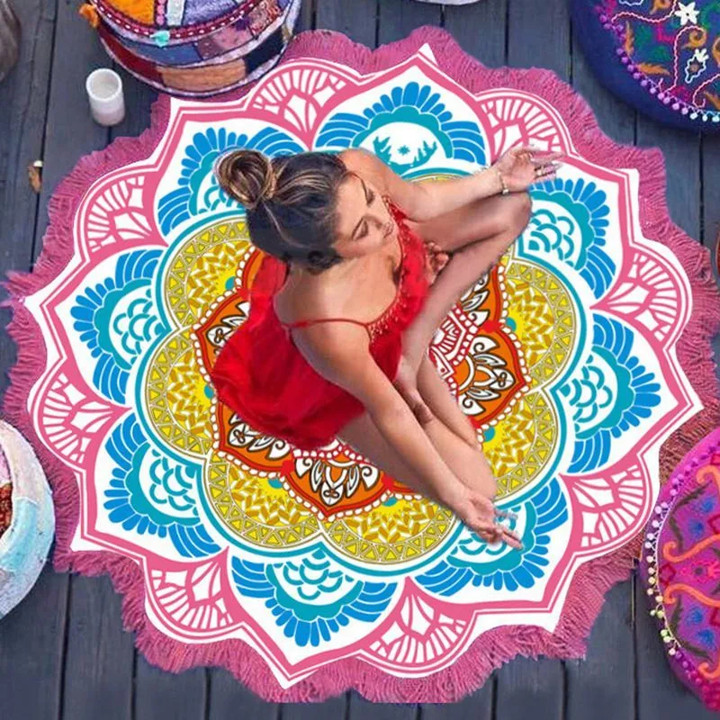 Round tassel edge yoga mat with retro ethnic print, 150cm diameter, available in Blue colour