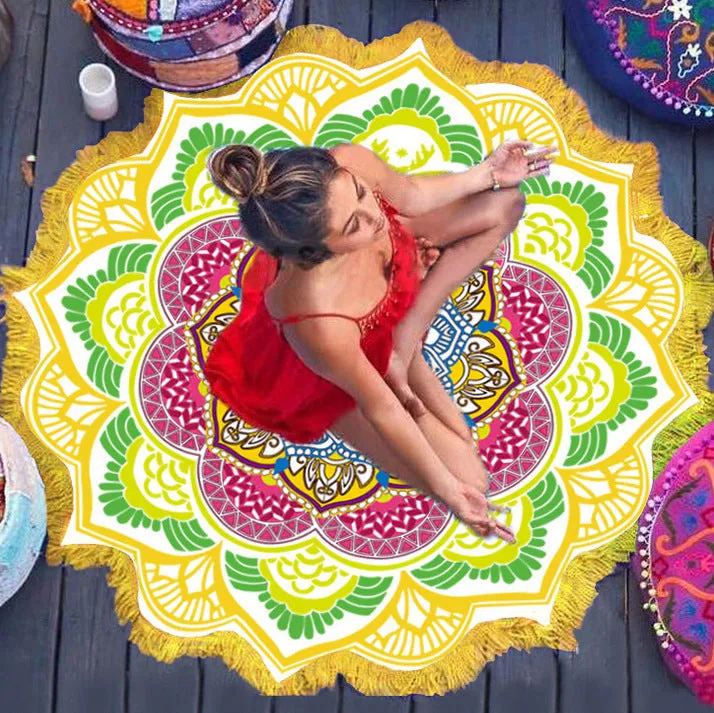 Round tassel edge yoga mat with retro ethnic print, 150cm diameter, available in Blue colour