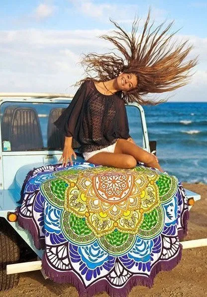 Round tassel edge yoga mat with retro ethnic print, 150cm diameter, available in Blue colour