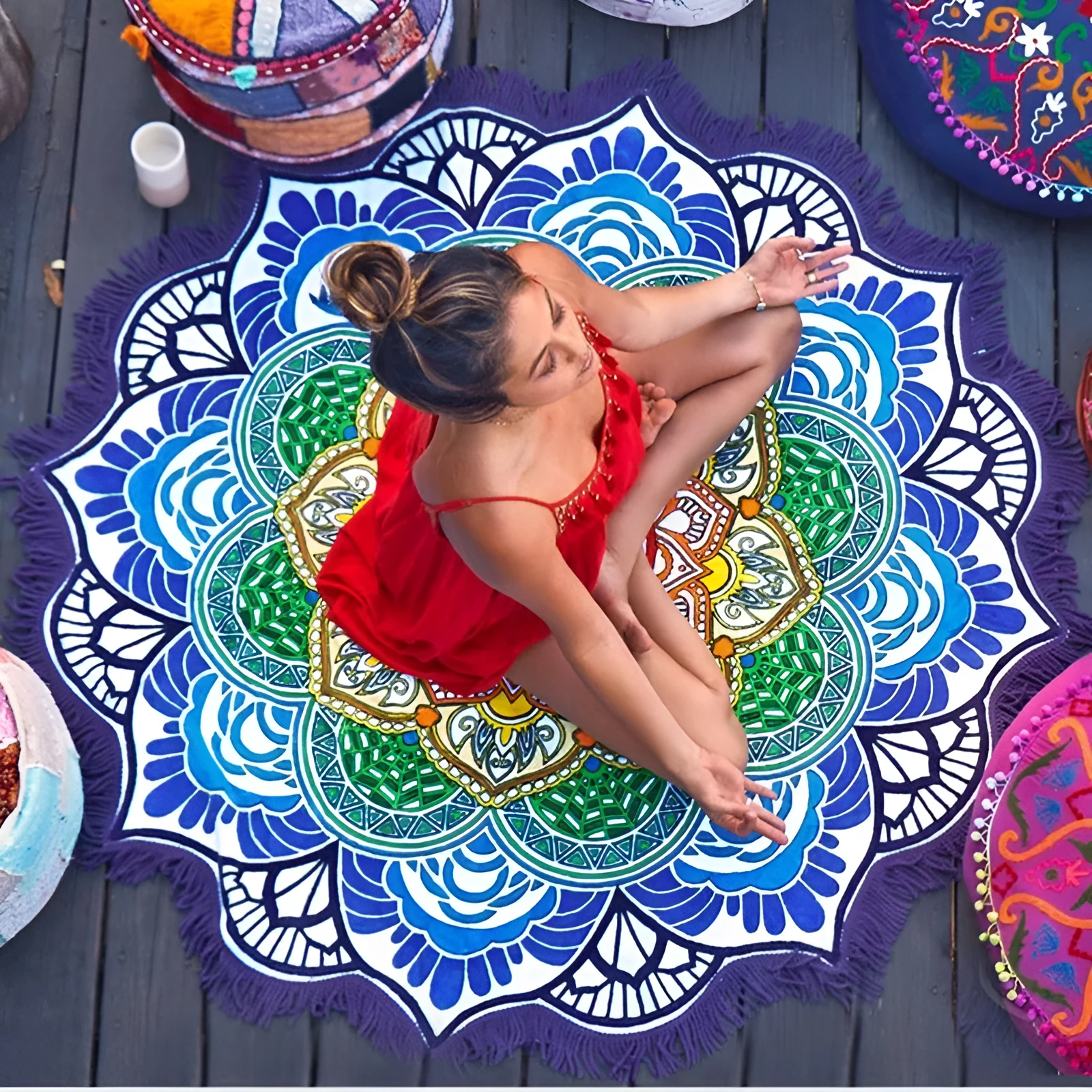 Round tassel edge yoga mat with retro ethnic print, 150cm diameter, available in Blue colour