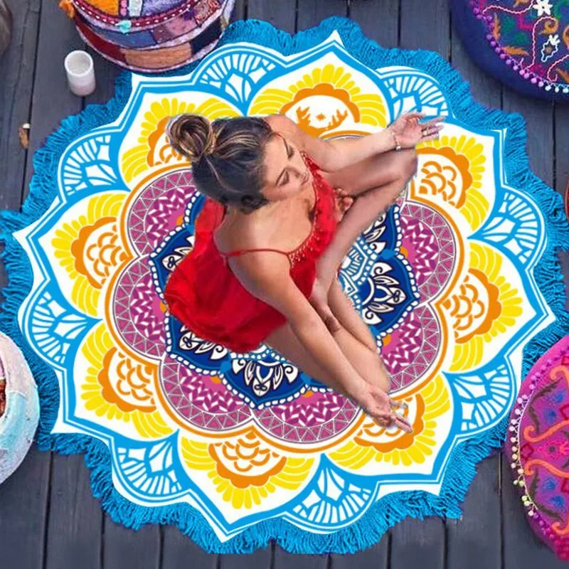 Round tassel edge yoga mat with retro ethnic print, 150cm diameter, available in Blue colour