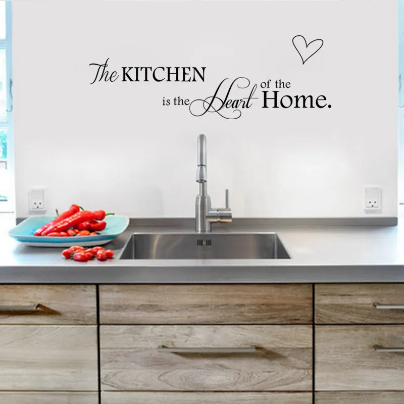 Heart of the Home letter pattern PVC wall sticker in black, 60x15cm, on a kitchen wall