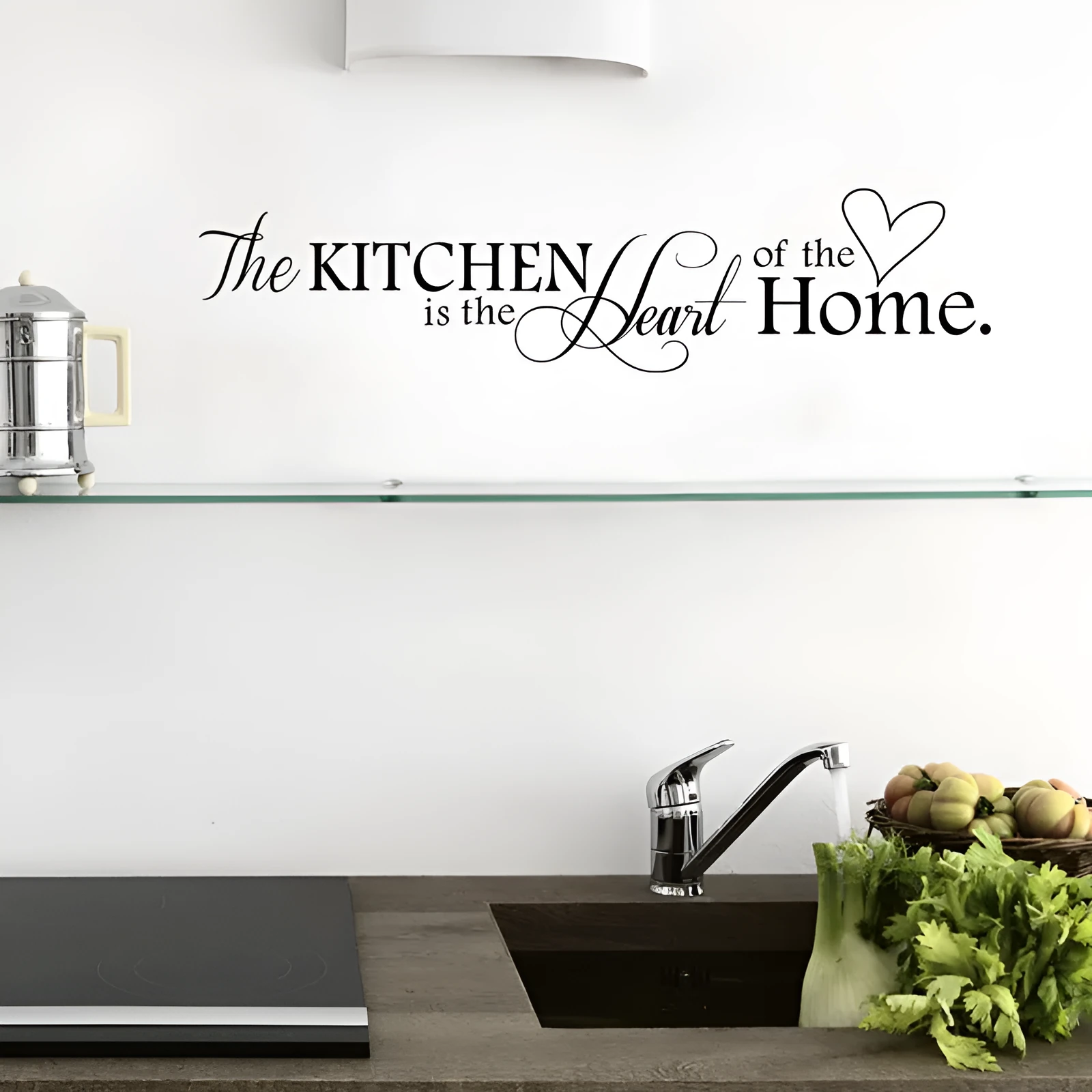 Heart of the Home letter pattern PVC wall sticker in black, 60x15cm, on a kitchen wall