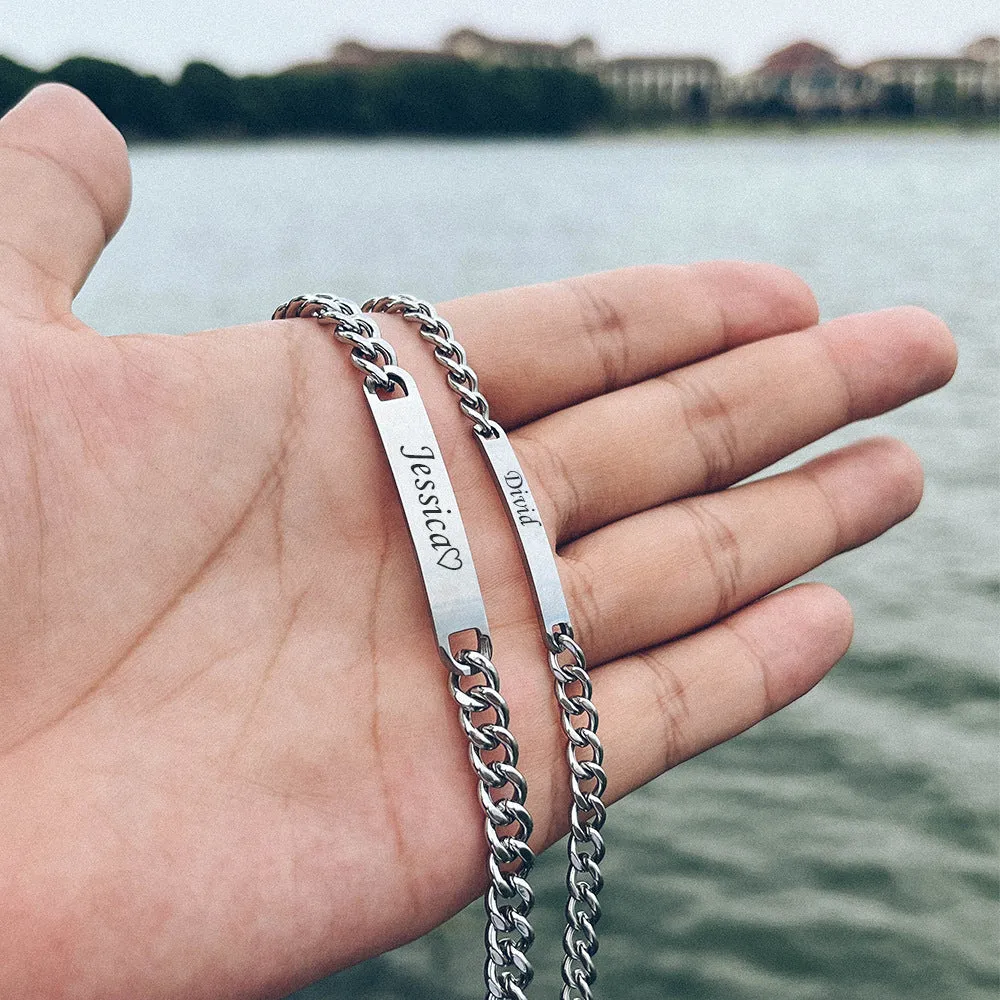 Engraved titanium steel couple bracelet with custom names in gold finish