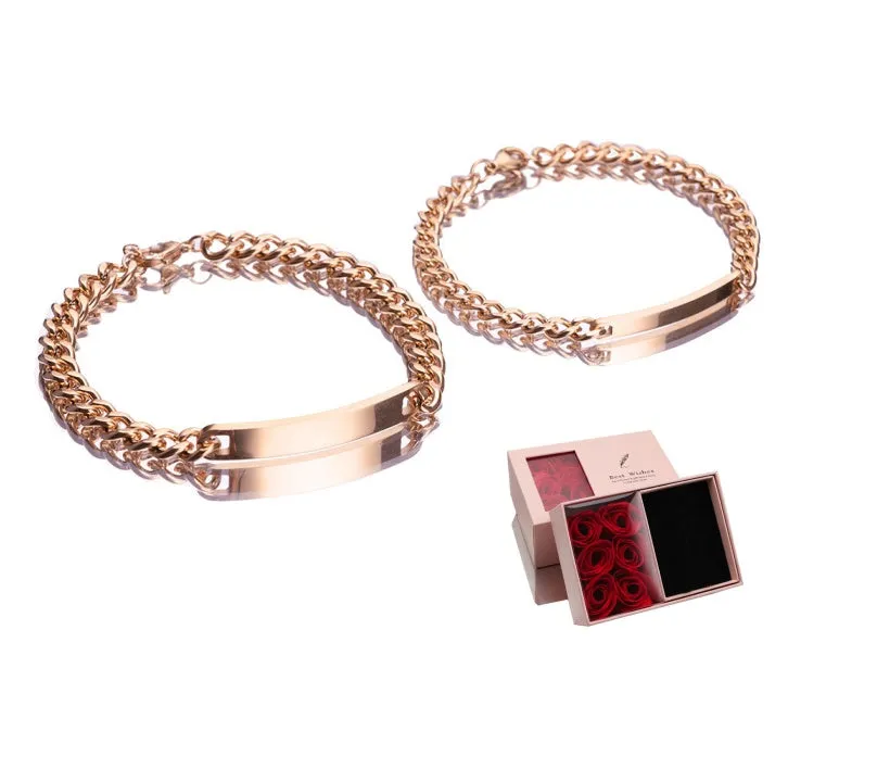 Engraved titanium steel couple bracelet with custom names in gold finish
