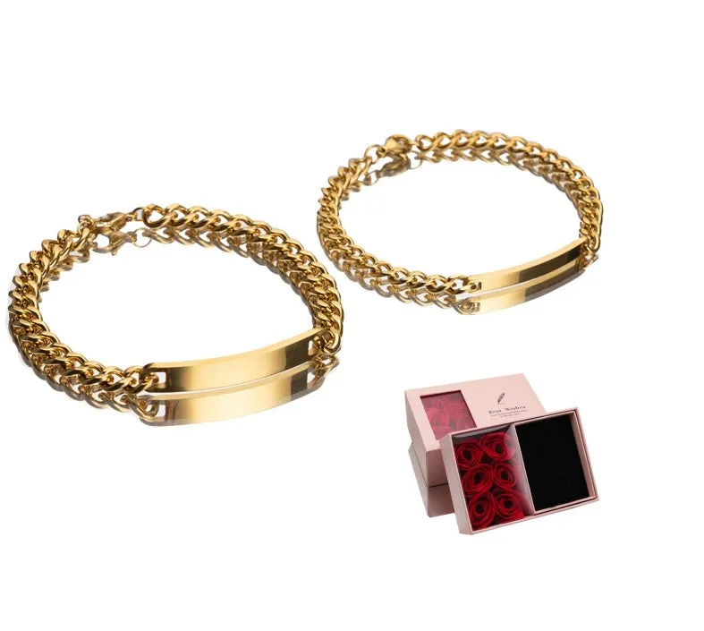 Engraved titanium steel couple bracelet with custom names in gold finish