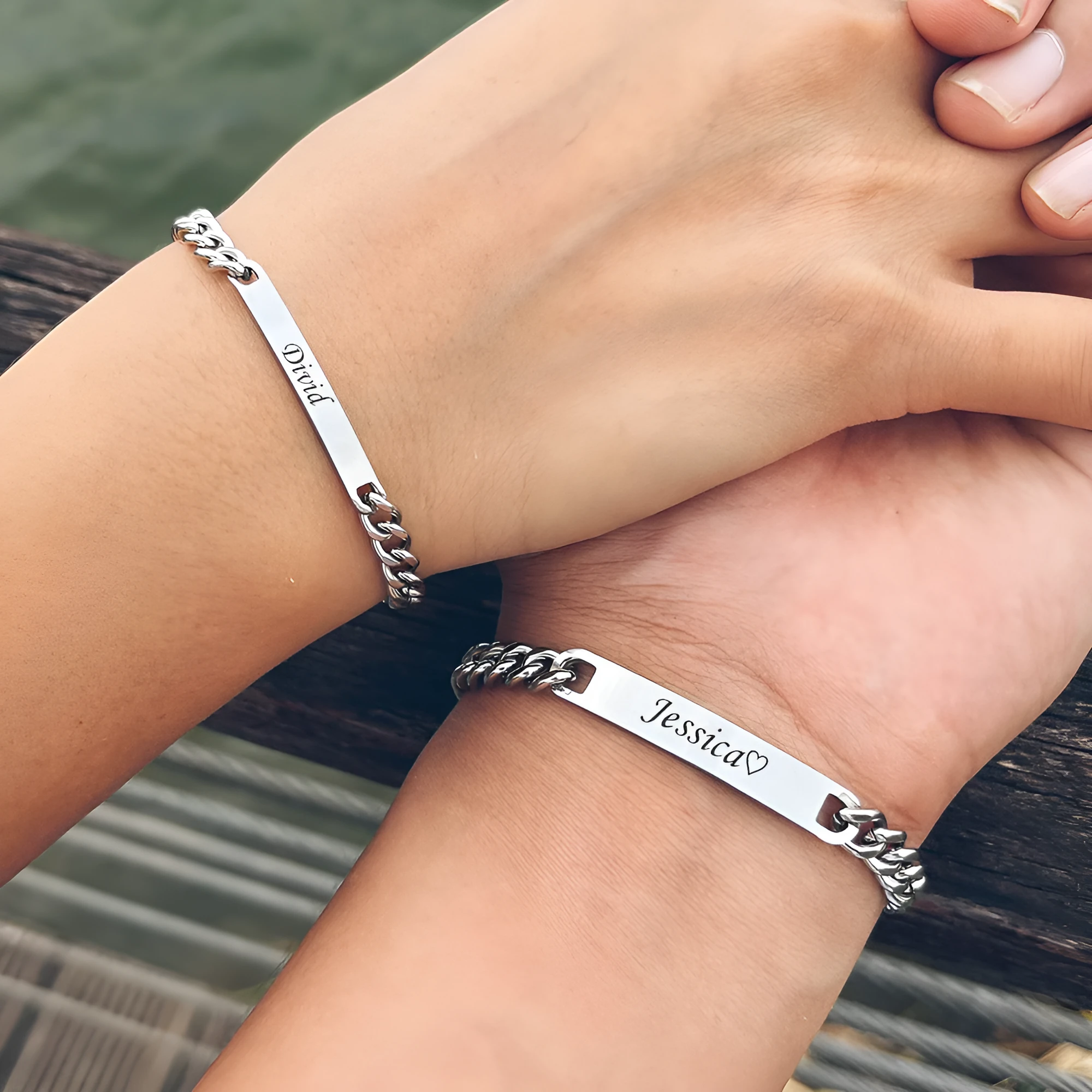 Engraved titanium steel couple bracelet with custom names in gold finish