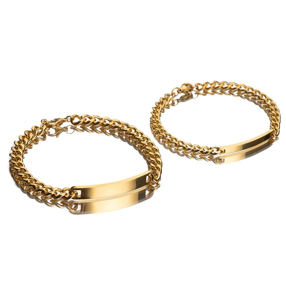 Engraved titanium steel couple bracelet with custom names in gold finish